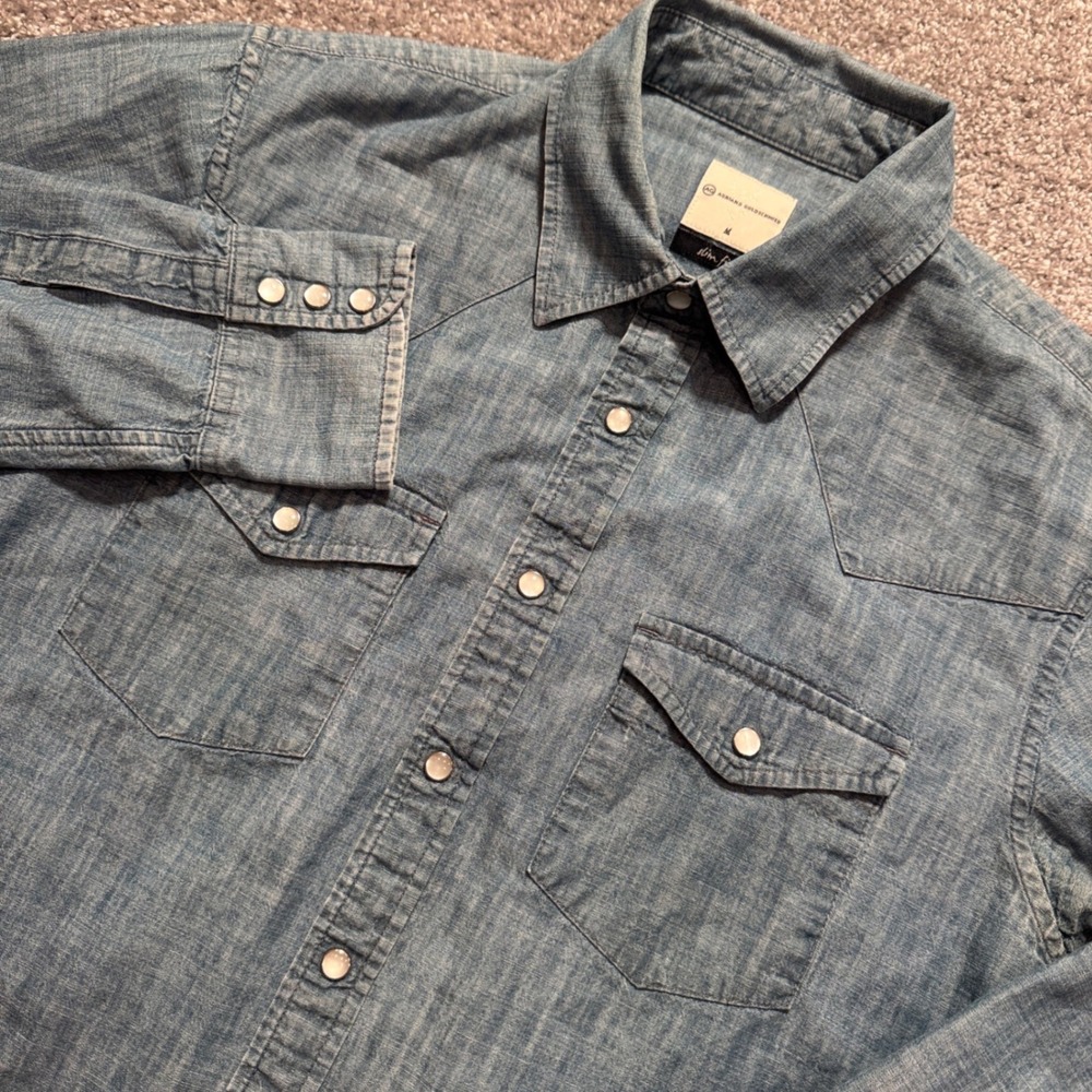 AG Adriano Goldschmied Shirt Men M Blue Denim Cotton Chambray Pearl Snap Western